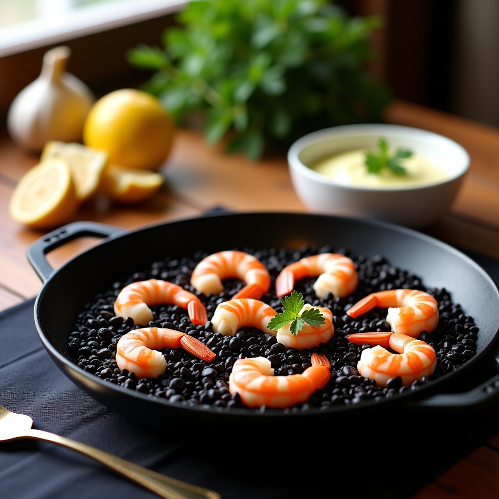 Paellera de hierro negro con arroz negro humeante, gambas rosadas y alioli cremoso en un cuenco aparte, decorado con perejil fresco y rodajas de limón, receta tradicional costa brava.