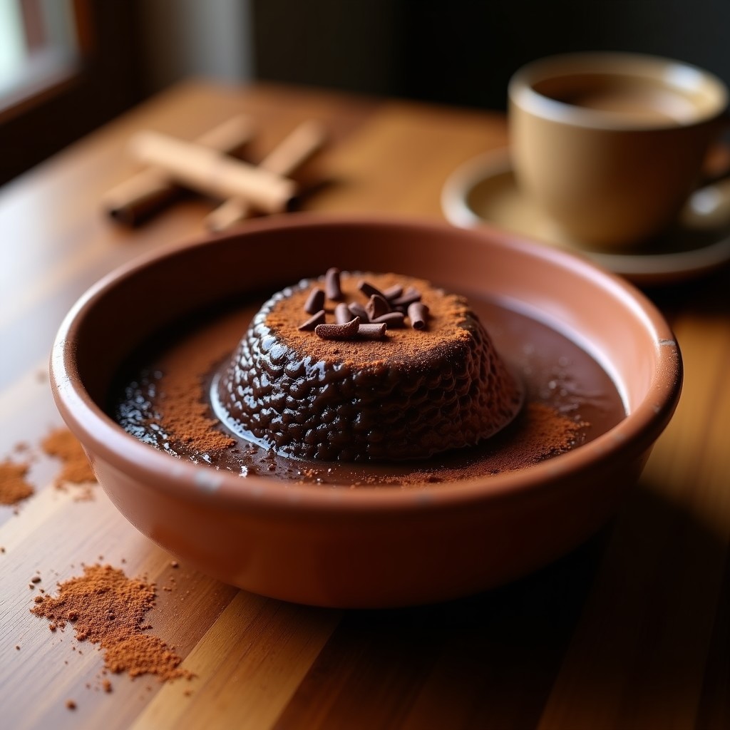 Postre tradicional venezolano de arroz negro con chocolate servido en un plato hondo de barro, decorado con una ramita de canela y virutas de chocolate.