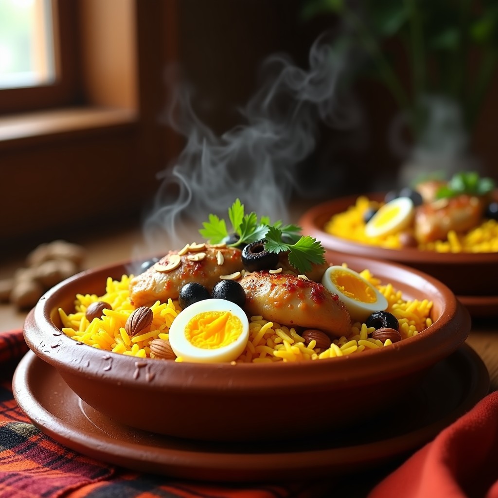 Plato hondo de barro con arroz con pollo y azafrán peruano, pollo dorado desmenuzado, arroz amarillo intenso, guisantes verdes, zanahorias y aceitunas. Decorado con huevo duro y cilantro fresco. Fondo rústico con ajíes y especias.