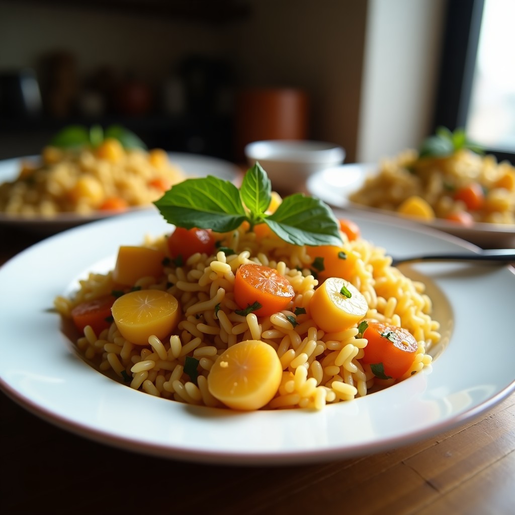 Plato hondo de barro con arroz salvaje oscuro mezclado con cubos dorados de calabaza butternut, arándanos secos morados y nueces pecanas tostadas. Receta de arroz salvaje con calabaza y arándanos en olla express, servida con un hilo de aceite de oliva.