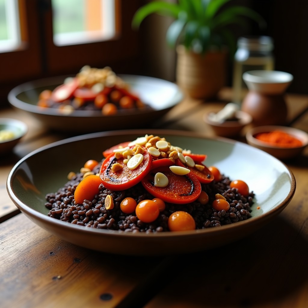Plato hondo de barro con arroz salvaje oscuro mezclado con láminas doradas de champiñones portobello, bañado en una salsa romesco de color rojo intenso con almendras tostadas picadas. Toque ahumado visible en la decoración con pimentón espolvoreado y un hilo de aceite de oliva. Receta vegana y sin gluten.