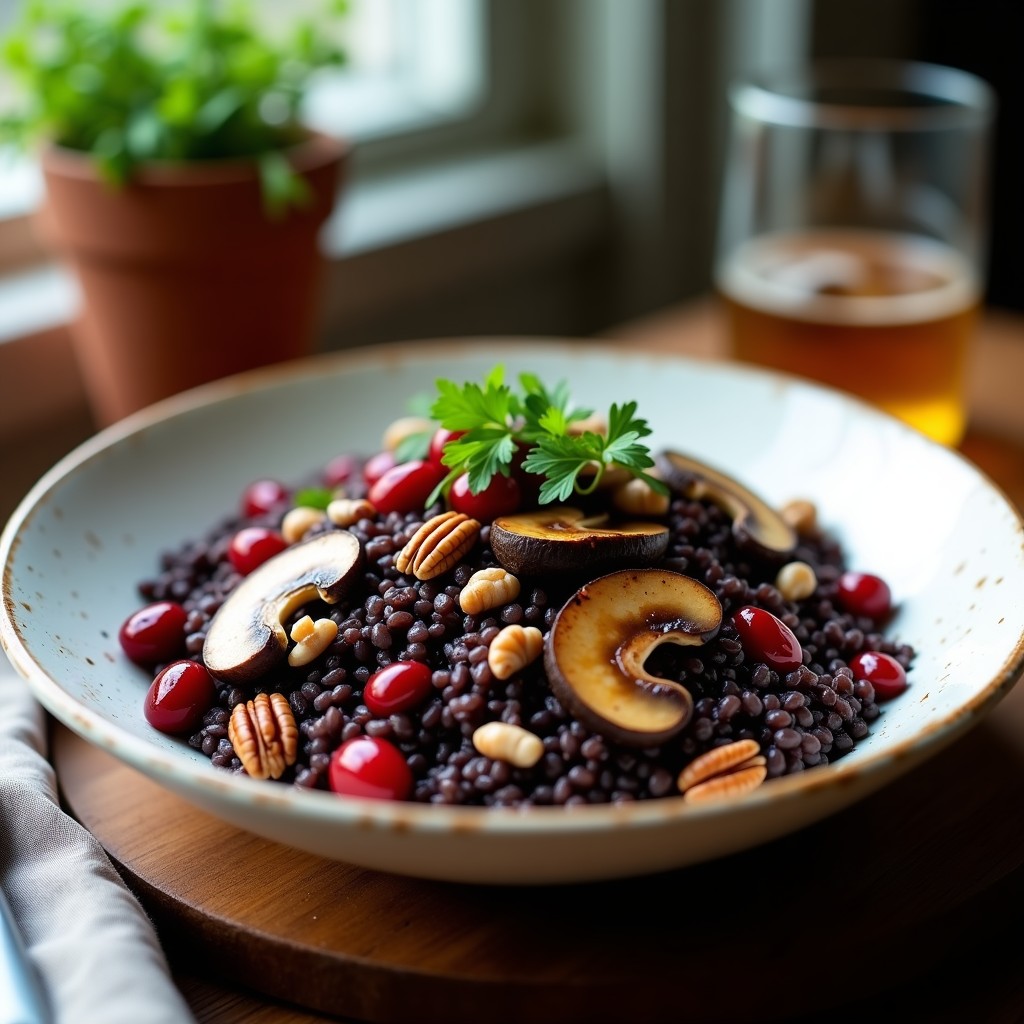 Plato hondo de cerámica blanca con arroz salvaje de color oscuro, láminas doradas de champiñones portobello horneados, nueces pecanas tostadas y perejil fresco, bañado con una vinagreta de arándanos de tono rojizo. Receta vegana y antioxidante.