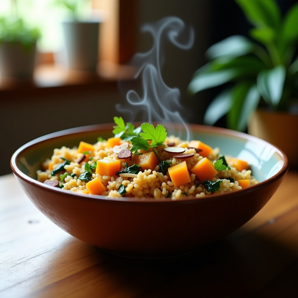 Plato hondo de barro con arroz salvaje oscuro mezclado con un curry cremoso de calabaza naranja y espinacas verdes, decorado con cilantro fresco y almendras fileteadas tostadas. Receta vegana de arroz salvaje con curry de calabaza y espinacas en Thermomix.