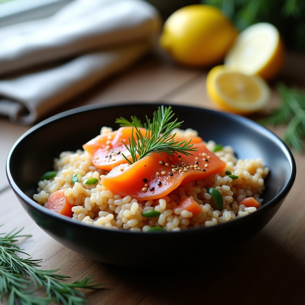 Bol de cerámica negra con arroz salvaje oscurecido mezclado con láminas rosadas de salmón ahumado, espolvoreado de eneldo fresco verde y semillas de sésamo doradas. Receta de arroz salvaje con salmón ahumado y eneldo en olla express, alta en omega-3.