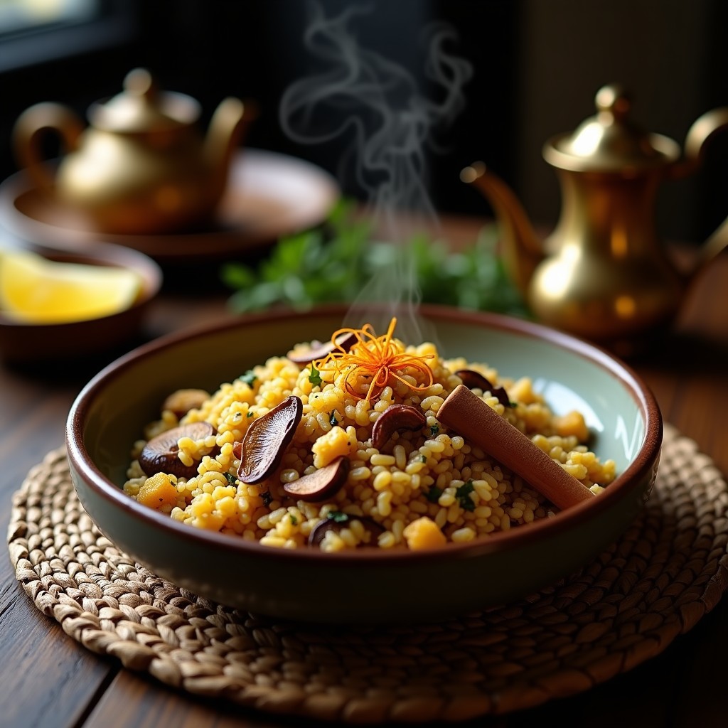 Plato hondo de barro con arroz salvaje oscuro mezclado con arroz basmati dorado, setas shiitake en láminas, almendras fileteadas tostadas y pasas rubias, aromatico con azafrán y especias persas, servido con una rodaja de limón.