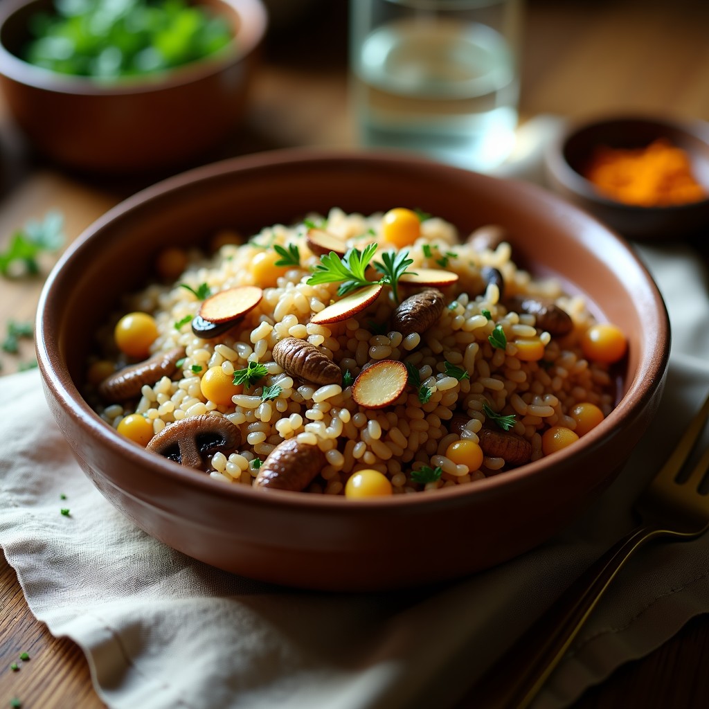 Plato hondo de barro con arroz salvaje de color oscuro mezclado con setas doradas, hebras de azafrán visibles y decorado con almendras tostadas y perejil fresco. Receta de arroz salvaje con setas y azafrán en olla lenta alta en fibra.