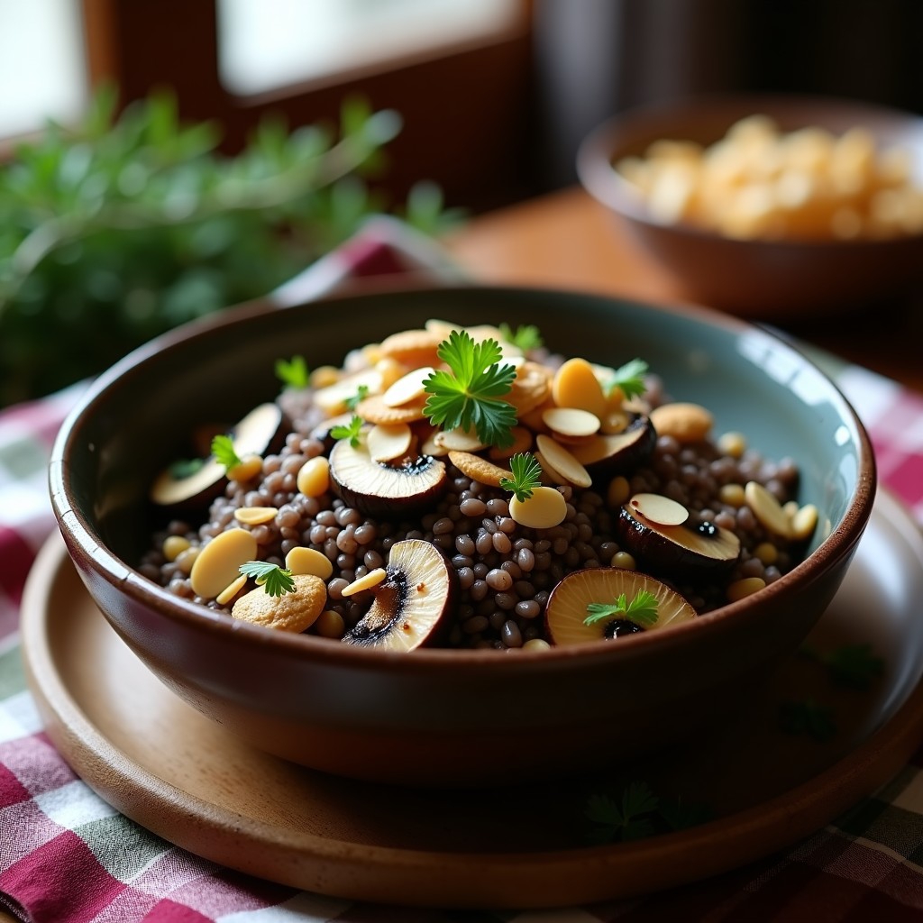 Plato hondo de barro con arroz salvaje oscuro mezclado con láminas doradas de setas portobello, cuartos de alcachofas y nueces pecanas tostadas. Decorado con hojas de romero fresco y un hilo de aceite de oliva, servido sobre una mesa de madera rústica con fondo borroso de cocina.