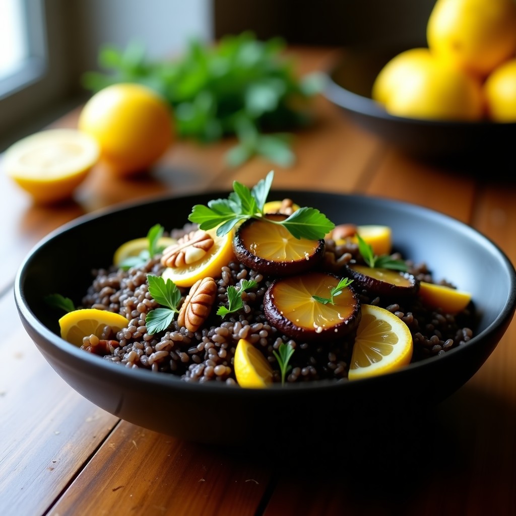 Plato hondo de cerámica negra con arroz salvaje oscuro, láminas doradas de setas portobello asadas y vinagreta de limón confitado brillante. Decorado con perejil fresco y nueces pecanas tostadas. Receta keto y sin gluten.