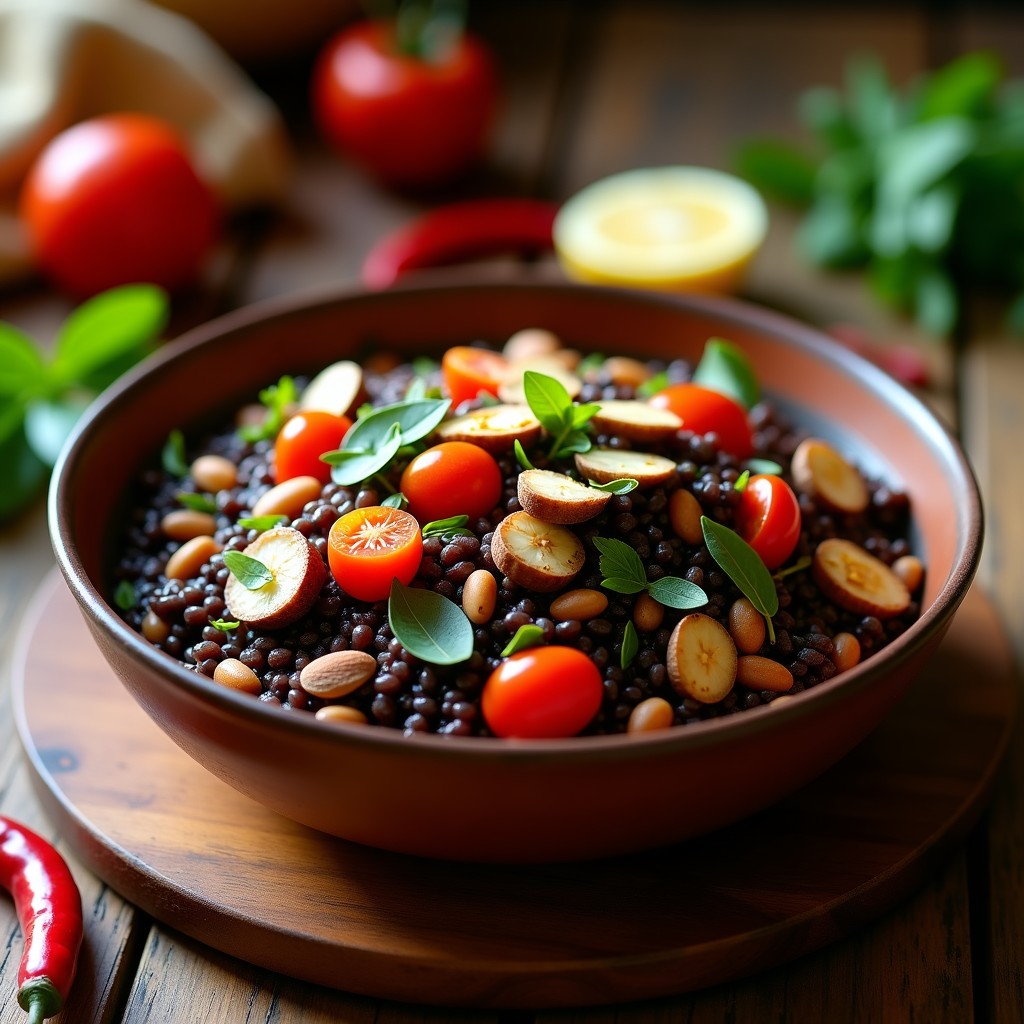 Plato hondo de barro con arroz salvaje oscuro mezclado con setas shiitake doradas, tomates cherry rojos y hojas verdes de romerito fresco. Decorado con almendras fileteadas tostadas y un chorrito de jugo de limón. Fondo rústico con texturas mexicanas.