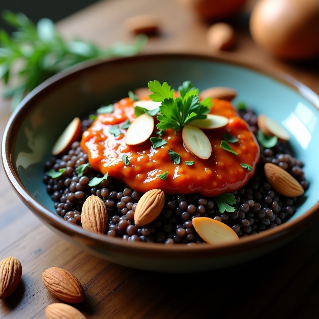 Plato hondo de barro con arroz salvaje oscuro mezclado con setas silvestres doradas, cubierto por una salsa romesco cremosa de color rojizo y decorado con perejil fresco y almendras fileteadas. Receta española vegana de arroz salvaje con setas y romesco de almendras en Thermomix.