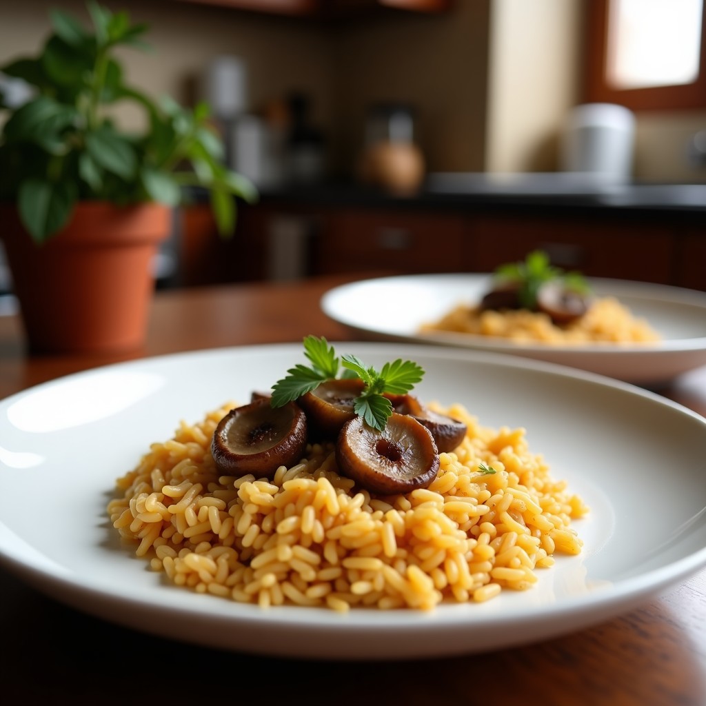 Plato hondo de cerámica negra con arroz salvaje oscuro mezclado con setas shiitake doradas y cebolla caramelizada brillante, decorado con perejil fresco. Receta de arroz salvaje con shiitake y cebolla caramelizada en olla express sin lácteos.