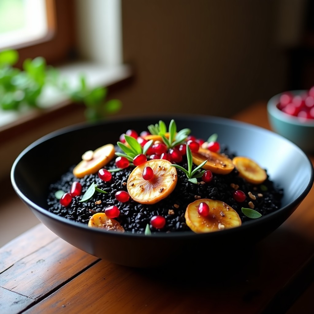 Plato hondo blanco con arroz venere negro brillante, rodajas doradas de calabacín asado, semillas de granada rojas intensas, almendras tostadas y cebollino fresco picado. Receta vegana antioxidante con vinagreta de granada.