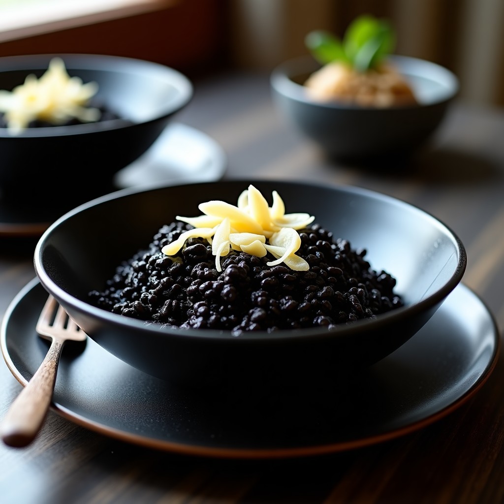 Plato hondo negro con arroz Venere cremoso, decorado con ralladura de trufa negra y virutas de parmesano, servido con un tenedor de madera.