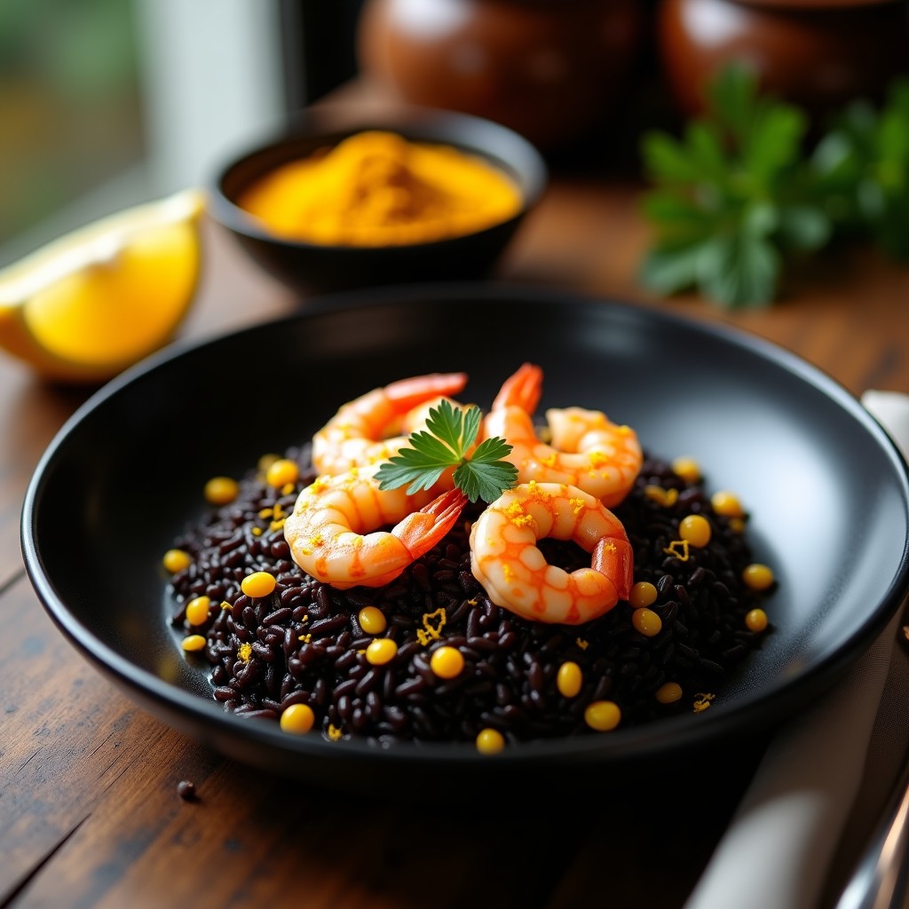 Plato hondo de cerámica negra con arroz Venere de color oscuro salpicado de cúrcuma dorada, gambas rosadas salteadas y perejil fresco. Receta gourmet de arroz con cúrcuma y gambas.