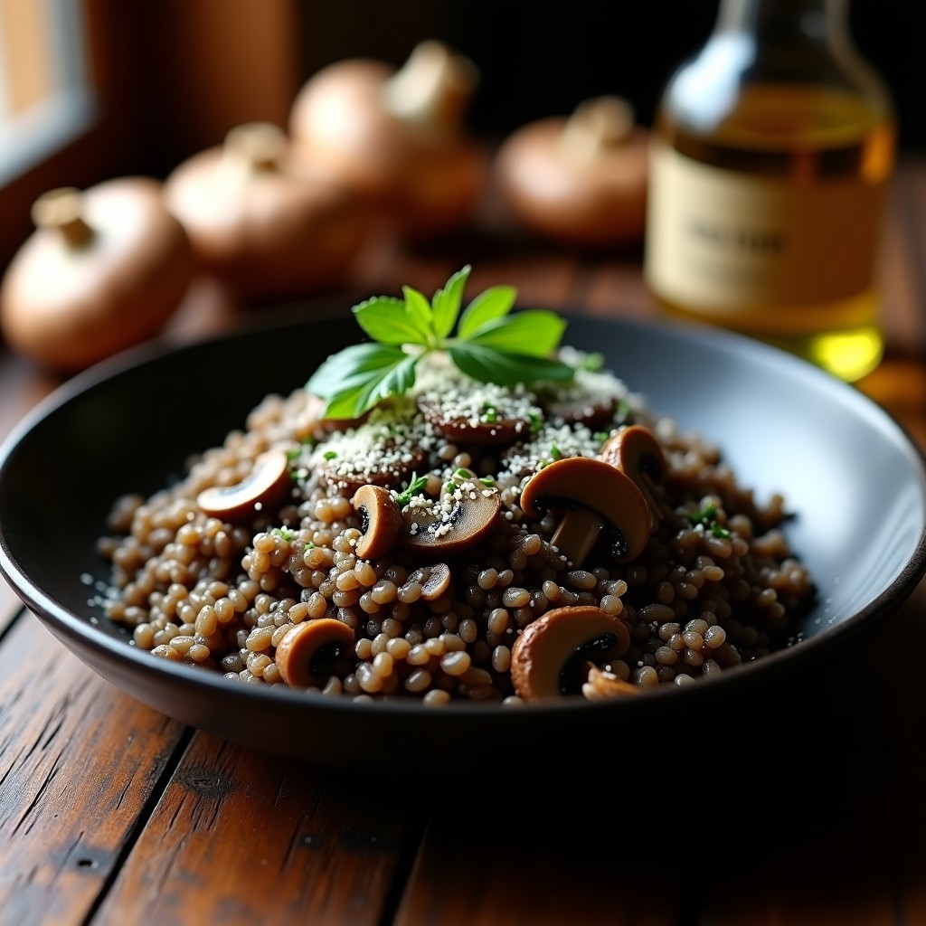 Plato hondo de cerámica negra con arroz Venere negro brillante, champiñones portobello dorados, espolvoreado con queso parmesano y perejil fresco, receta gourmet de arroz negro con trufa.