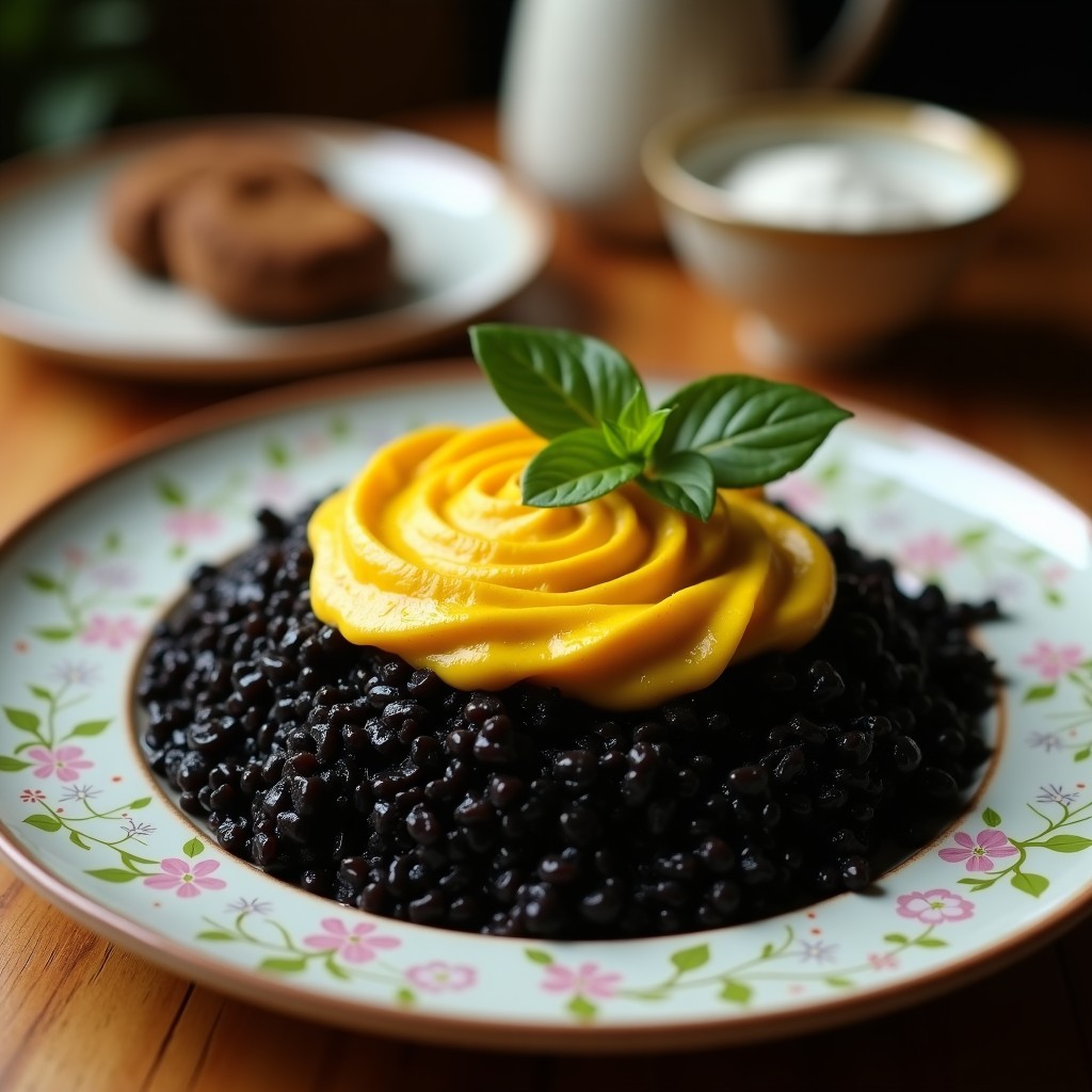 Plato hondo de cerámica negra con arroz Venere de color oscuro mezclado con cúrcuma dorada, acompañada de rodajas de cebolla morada, pimiento rojo y cilantro fresco, receta Thai con leche de coco.