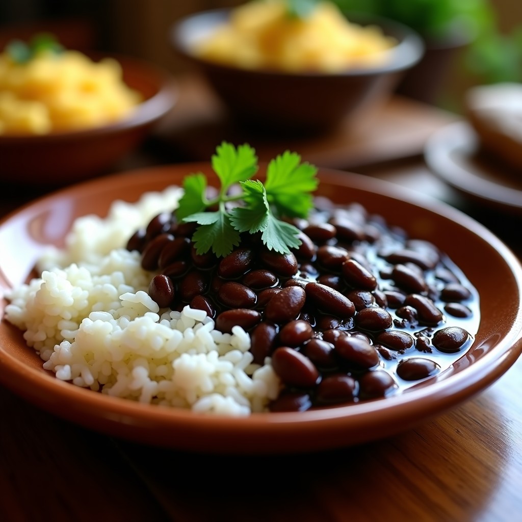 Plato hondo con arroz blanco esponjoso cubierto de caraotas negras en salsa espesa, decorado con cilantro fresco, típico de la cocina venezolana.