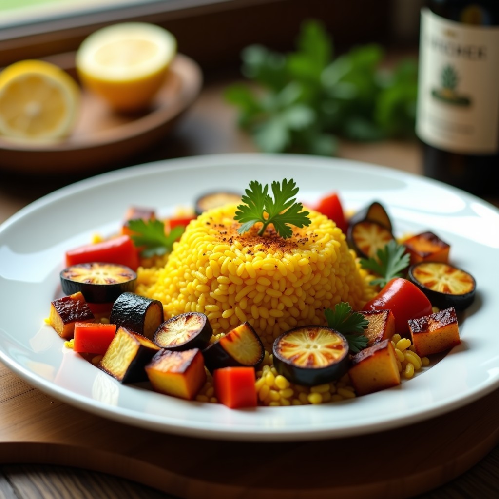 Plato hondo de cerámica negra con arroz Venus de color oscuro, hebras de azafrán visibles, verduras asadas doradas (berenjena, calabacín, pimiento rojo y tomates cherry) y perejil fresco espolvoreado. Textura crujiente y humeante, servido en mesa rústica de madera con limón en rodajas al lado.