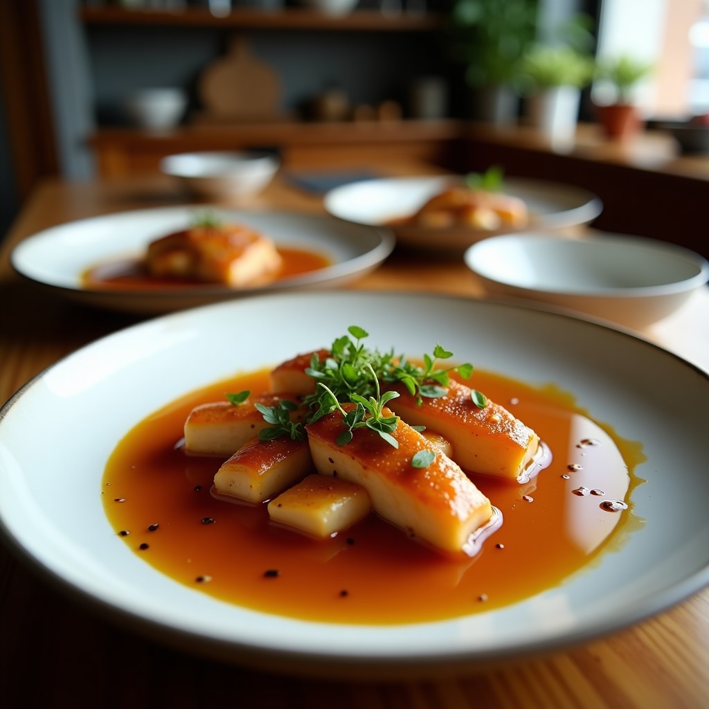 Filetes de atún fresco glaseados con salsa de miso y miel de agave, caramelizados por fuera y rosados por dentro, servidos en un plato blanco con semillas de sésamo y cebollino picado, receta de airfryer con toque japonés.