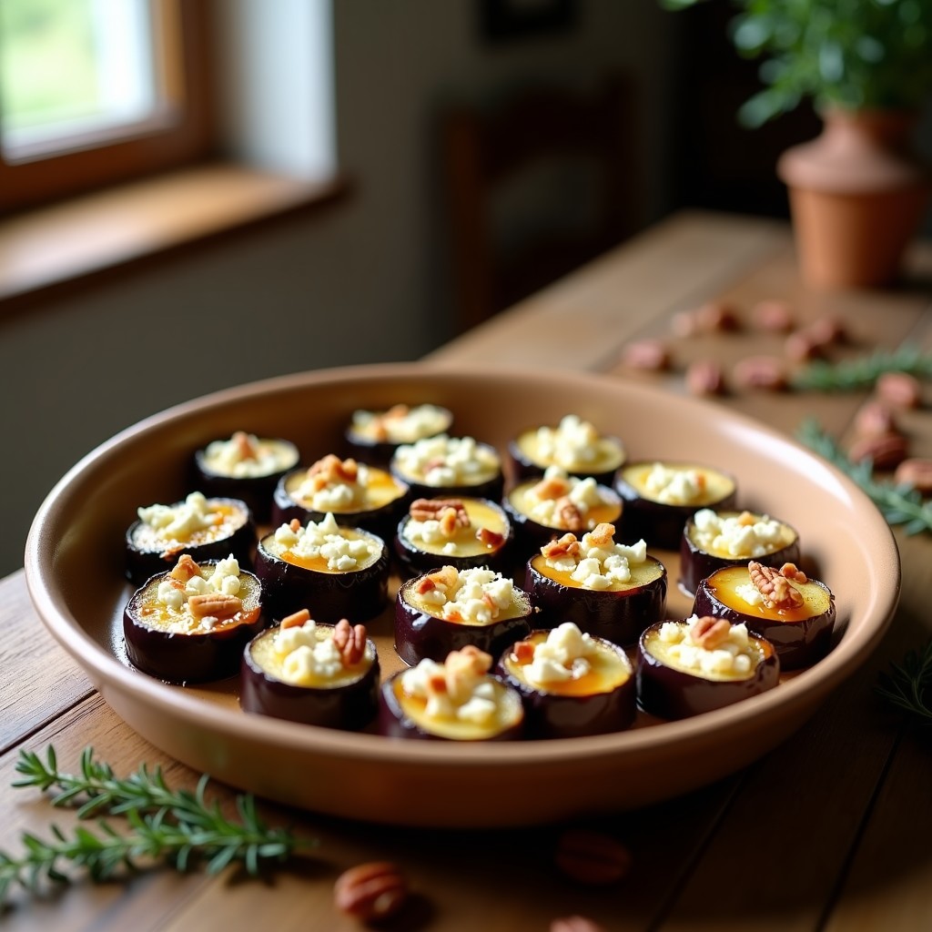Auroras de berenjena enrolladas con queso feta desmenuzado, nueces picadas y miel dorada, horneadas hasta dorar ligeramente. Plato rústico de cerámica blanca con fondo de madera y hierbas frescas.