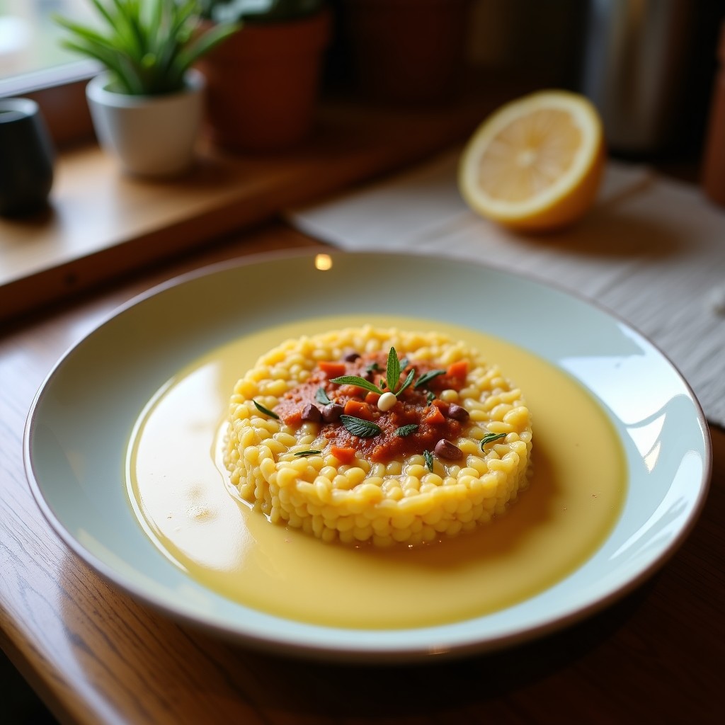 Tarro de vidrio transparente con avena nocturna cremosa de color naranja claro, coronada con semillas de girasol, nueces pecanas y hojas de menta. Fondo con textura de madera rústica y luz otoñal suave. Receta de avena nocturna con leche de soja y puré de calabaza.