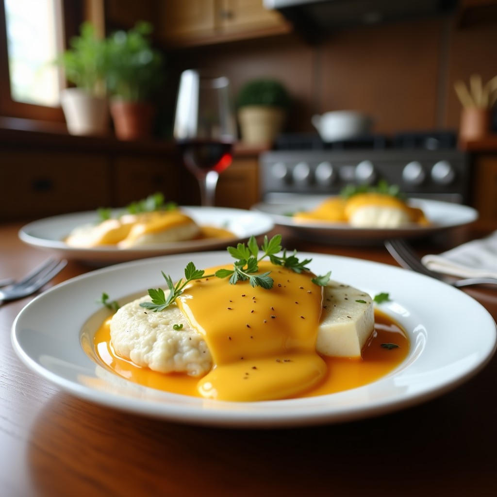 Bacalao dorado con pisto manchego y huevo poché en un plato, lista para servir. Receta de bacalao dorado