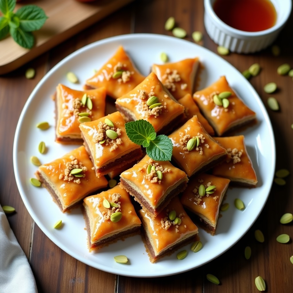 Baklava griego vegano sin azúcar cortado en diamantes, con capas doradas de masa filo, relleno de nueces y dátiles, bañado en sirope brillante y decorado con pistachos picados.