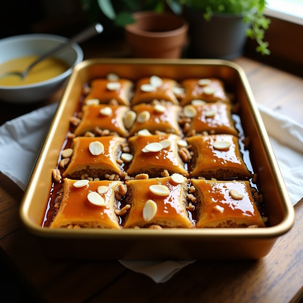 Bandeja dorada con baklava de nueces y miel con hoja de filo integral cortado en diamantes, bañado en almíbar brillante y decorado con almendras fileteadas, sobre un fondo rústico de madera.