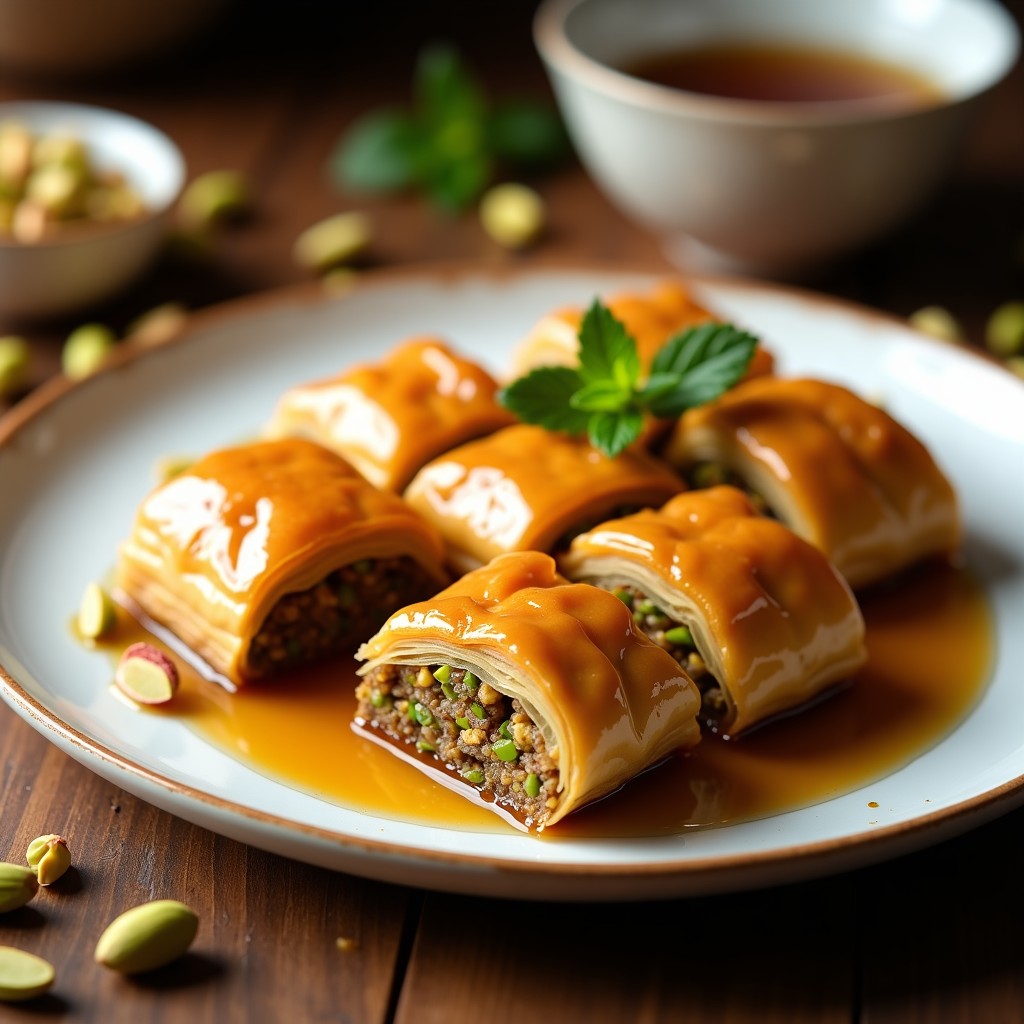 Bandeja de baklava griego vegano cortado en rombos dorados, con capas crujientes de hojaldre, relleno de nueces y pistacho, bañado en sirope de arce brillante y decorado con pistachos picados.