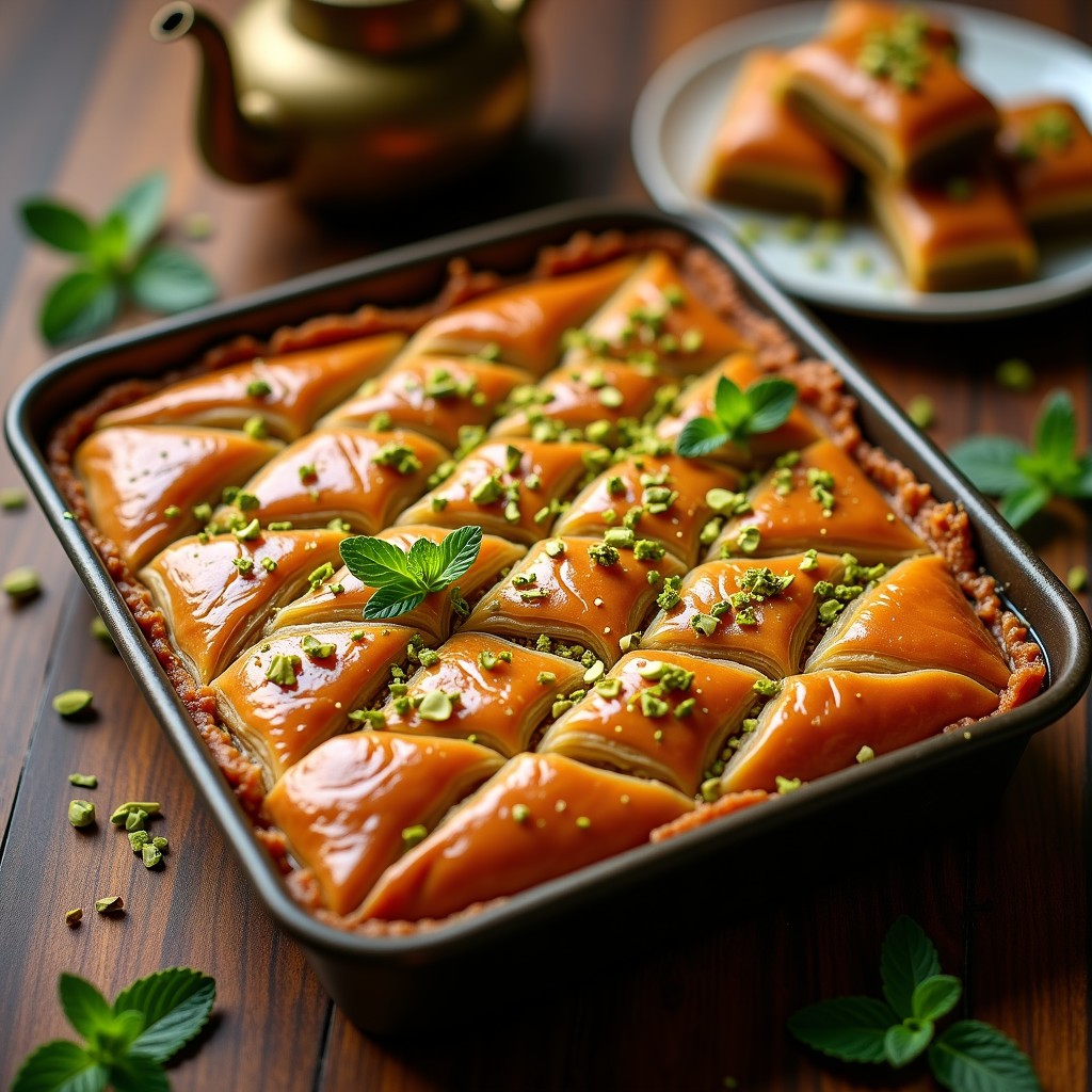 Baklava keto árabe en bandeja rectangular con capas doradas y crujientes, bañado en sirope brillante de dátiles, espolvoreado con pistachos verdes picados y decorado con hojas de menta fresca.