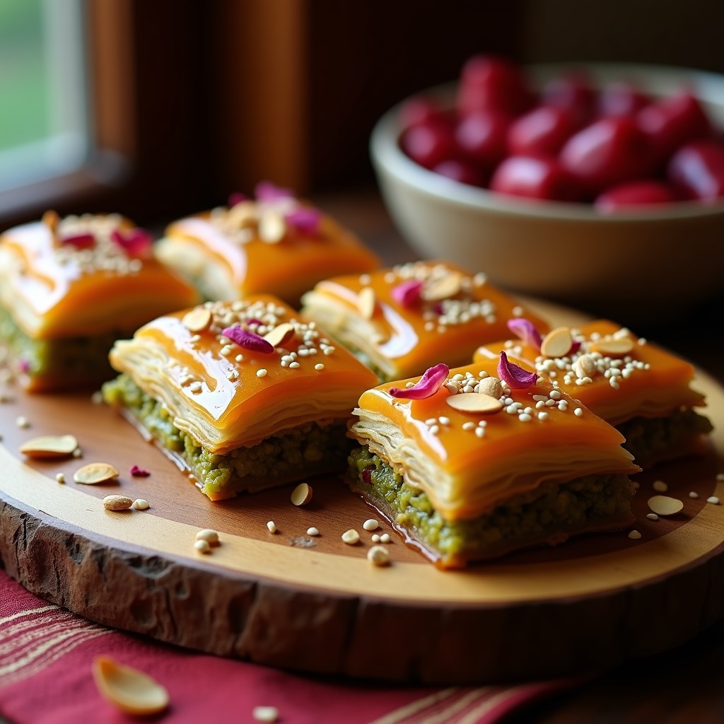 Bandeja de baklava sin harina cortado en diamantes, con capas doradas de pistacho y dátiles, bañado en almíbar de agua de azahar y decorado con semillas de sésamo y copos de coco. Postre turco saludable y sin azúcar.