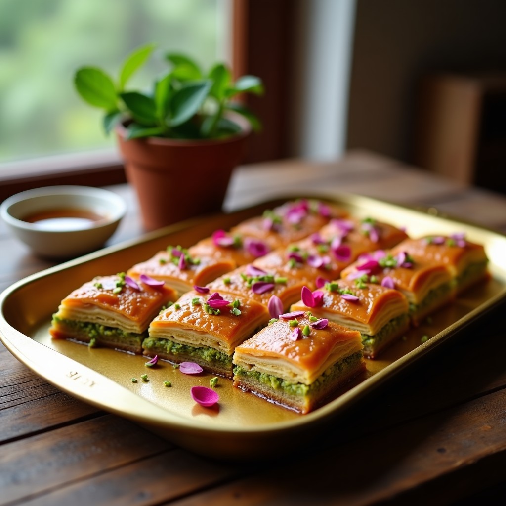 Bandeja dorada con baklava de pistacho y rosa damasca sin gluten cortado en diamantes, bañado en sirope de miel de dátil y decorado con semillas de sésamo y pétalos de rosa. Postre árabe crujiente y aromático.