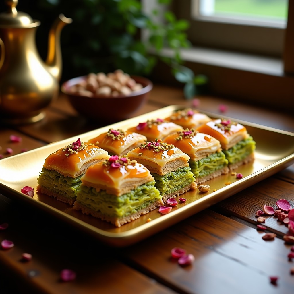Bandeja dorada con baklava de pistacho y rosa sin azúcar cortado en diamantes, capas crujientes de masa filo, relleno verde de pistachos y almendras, bañado en almíbar transparente con aromas de agua de rosas, decorado con pétalos de rosa comestibles y pistachos picados.