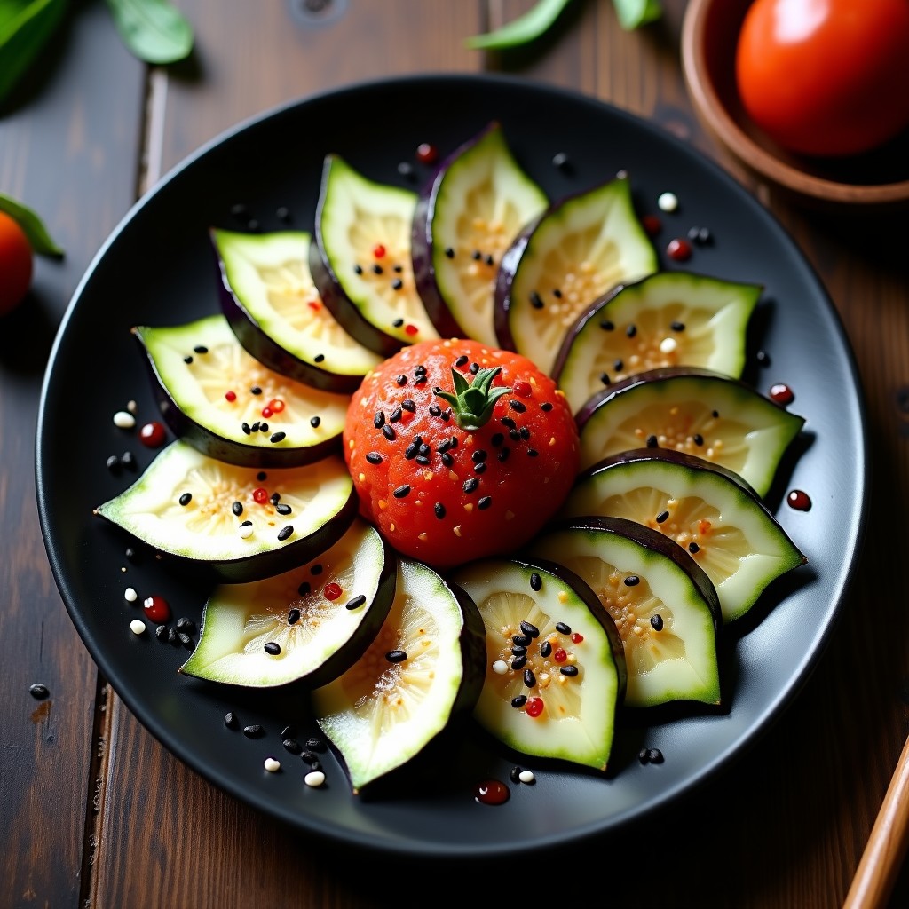 Bandera japonesa de aperitivo con capas de zucchini verde, berenjena morada y sésamo tostado, cocinada en Airfryer sin aceite, servida en plato blanco con algas nori espolvoreadas.