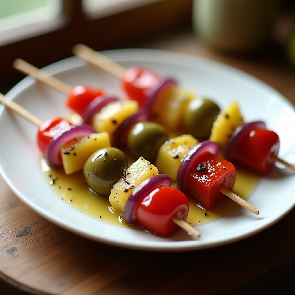 Banderillas de pepinillos y cebolla morada en palillos de brocheta, con tiras de pimiento del piquillo y aceitunas verdes, servidas en plato blanco sobre fondo rústico.