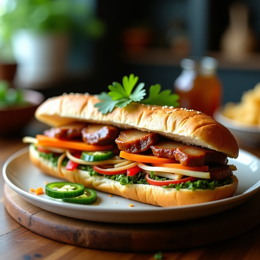 Bánh Mì vietnamita abierto mostrando capas de cerdo marinada en salsa hoisin brillante, pickles de daikon y zanahoria amarillos, pepino verde, cilantro fresco y jalapeños rojos sobre pan baguette tostado crujiente.