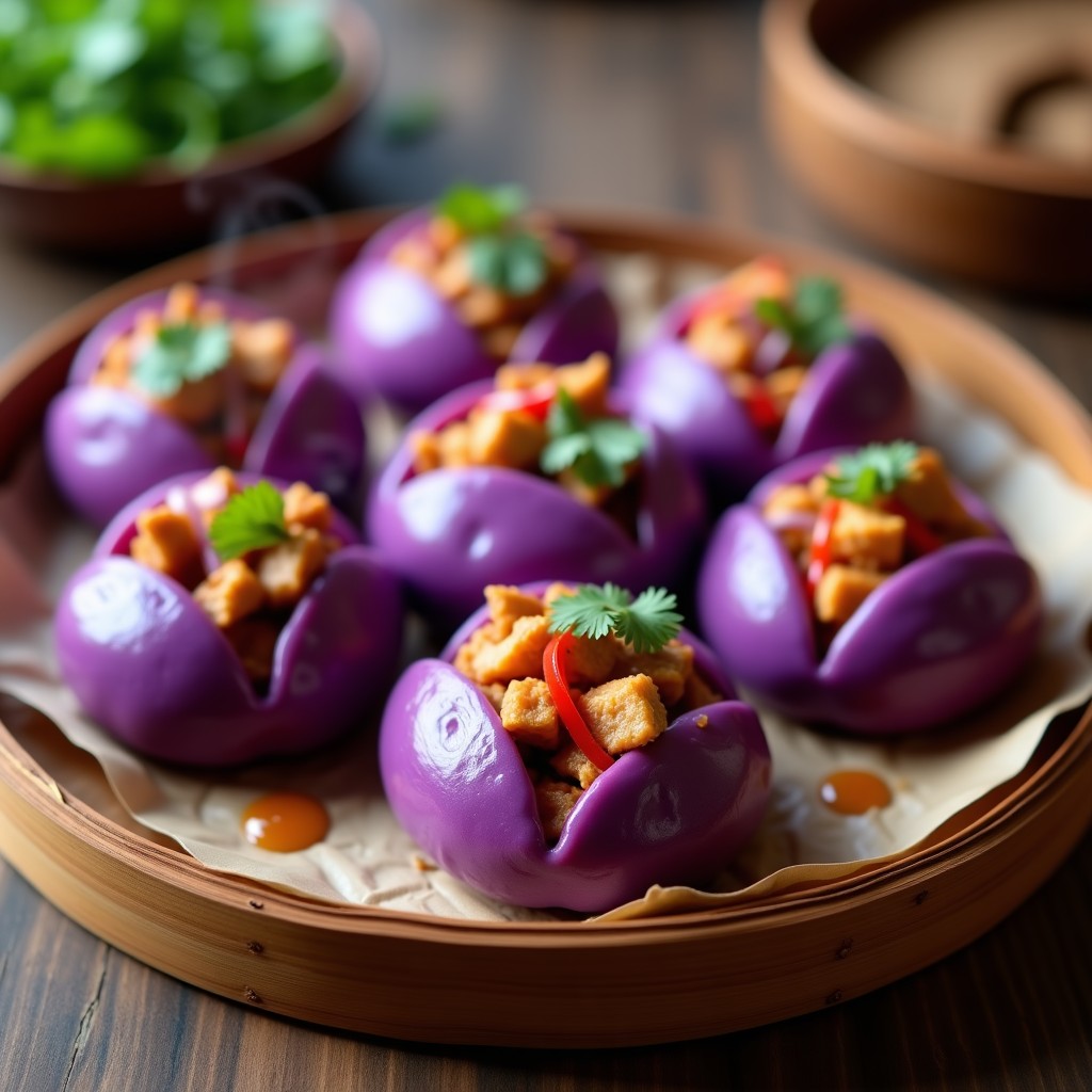 Bao buns de color morado intenso abiertos por la parte superior, rellenos de pollo tikka dorado y especiado, con trocitos de cebolla morada y perejil fresco. Plato de fondo blanco con detalles de vapor y textura esponjosa.