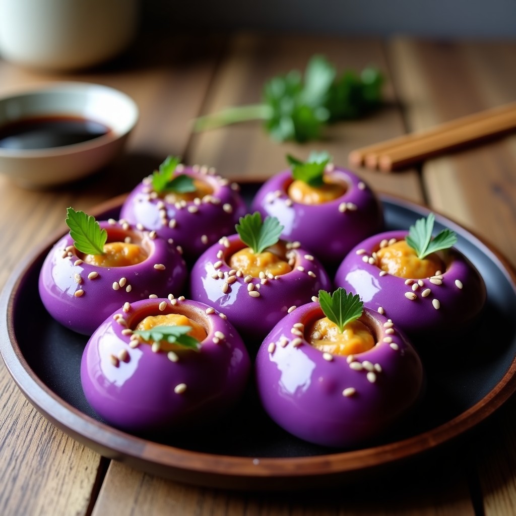 Bao Buns de Col Morada rellenos de tofu fermentado, dorados y esponjosos, servidos en un plato de bambú con semillas de sésamo y cilantro fresco, receta china vegana en Airfryer.