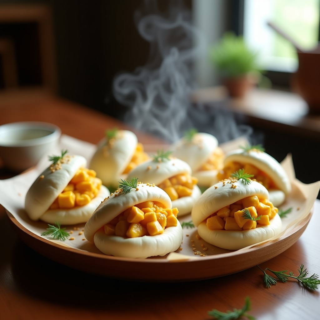 Bao buns al vapor rellenos de pollo al curry con eneldo fresco, servidos en un plato de bambú con semillas de sésamo tostado y hojas de eneldo como decoración, receta china en olla express.