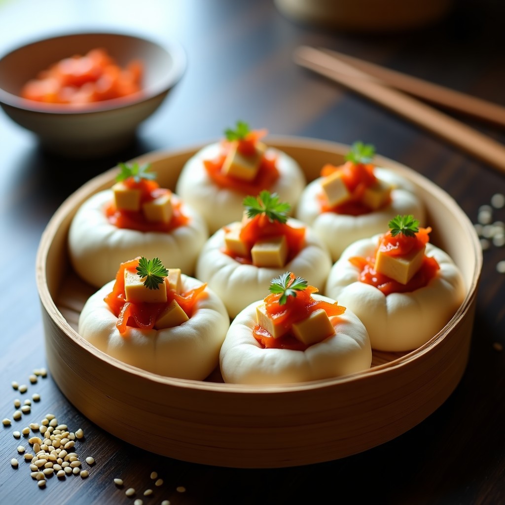 Bao buns veganos al vapor rellenos de tofu marinado dorado y kimchi, decorados con perejil fresco y semillas de sésamo, servidos en una vaporera de bambú sobre fondo rústico.