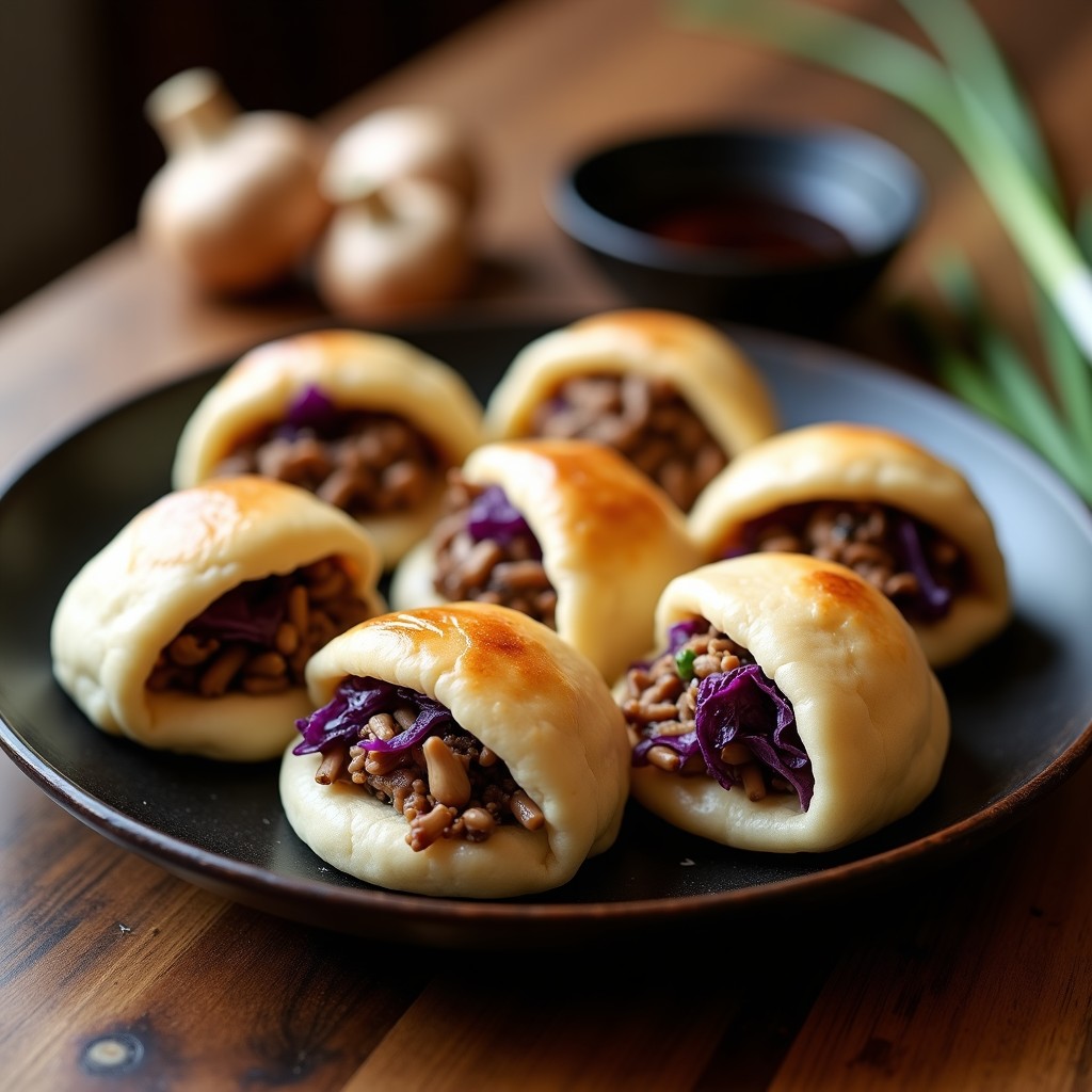 Bao veganos al vapor en airfryer con relleno de hongos shiitake y lechuga morada, servidos en plato de bambú con cebollino fresco y salsa de soja al lado.