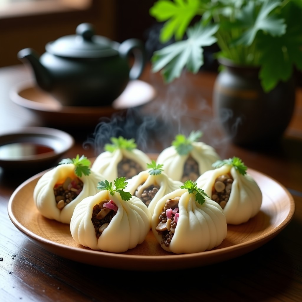 Bao veganos al vapor rellenos de hongos ostra y cebolla morada, servidos en una vaporera de bambú con hojas de cilantro fresco, receta china tradicional.