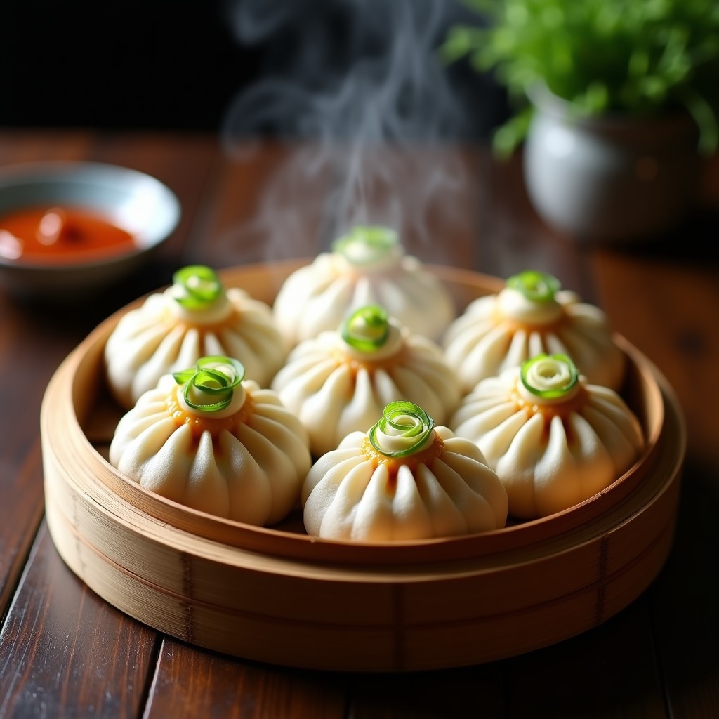 Bao de ternera estofada con jengibre y cebollino al vapor, servidos en colador de bambú con cebollino fresco espolvoreado. Receta china al vapor en 30 minutos.
