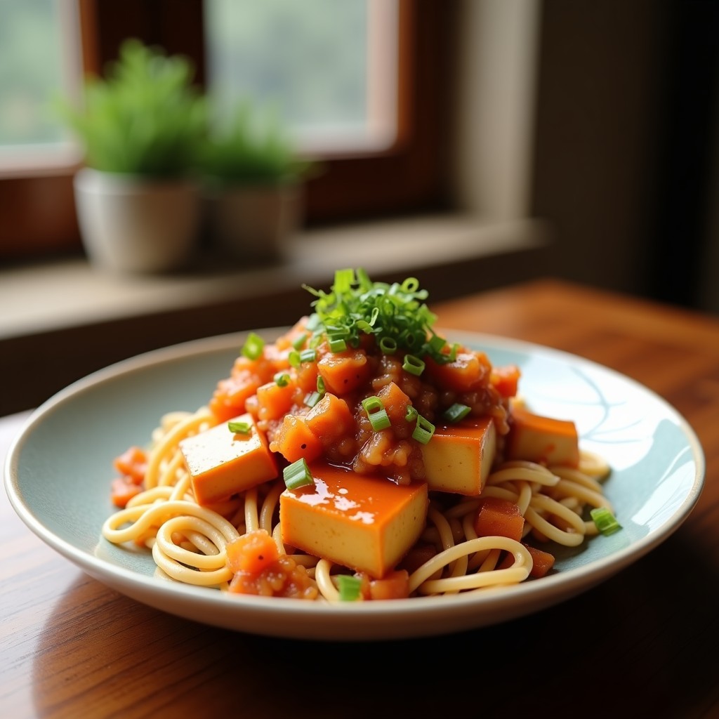 Bao vegano al vapor relleno de tofu teriyaki dorado y kimchi, con semillas de sésamo y cilantro fresco, servido en papel de horno sobre bandeja de bambú.