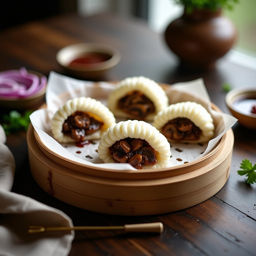 Bao vegan al vapor rellenos de champiñones portobello dorados, acompañados de salsa hoisin casera brillante y cebolla morada en juliana, servidos en una vaporera de bambú sobre una mesa de madera con cilantro fresco.
