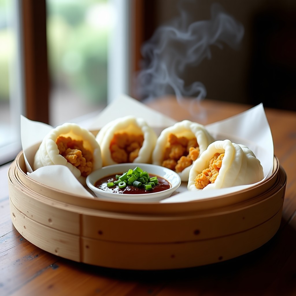 Bao vegano de coliflor y tofu al vapor servidos en una vaporera de bambú, con masa esponjosa y relleno jugoso de tofu desmenuzado y coliflor. Acompañados de salsa hoisin casera brillante y semillas de sésamo espolvoreadas, decorados con hojas de cilantro fresco.