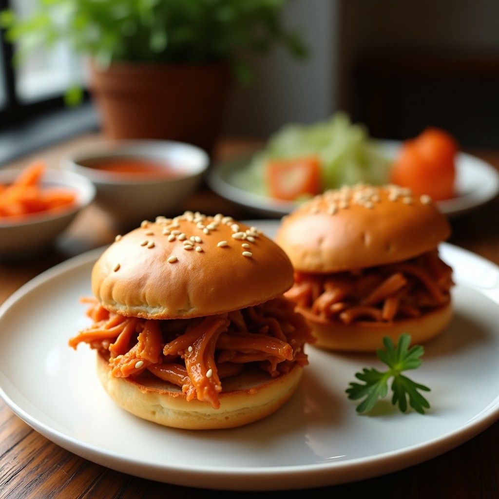 Bao vegano dorado y crujiente relleno de jackfruit desmenuzado y kimchi, servido en un plato de cerámica blanca con semillas de sésamo espolvoreadas y salsa hoisin al lado, receta fusion coreana en Airfryer.