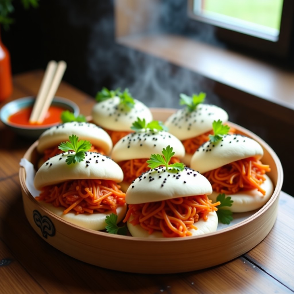 Bao vegano al vapor relleno de jackfruit desmenuzado y kimchi, decorado con cilantro fresco y semillas de sésamo negro, servido en una vaporera de bambú sobre una mesa de madera rústica.
