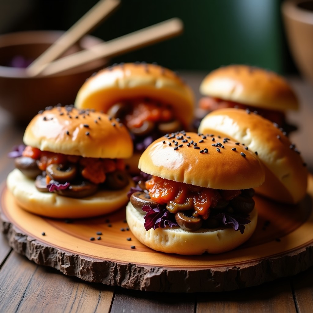 Bao vegano de champiñones portobello y kimchi dorados en airfryer, con pliegues perfectos en la parte superior, espolvoreados con semillas de sésamo y cebollino picado. Plato coreano en fondo rústico con salsa de soja al lado.
