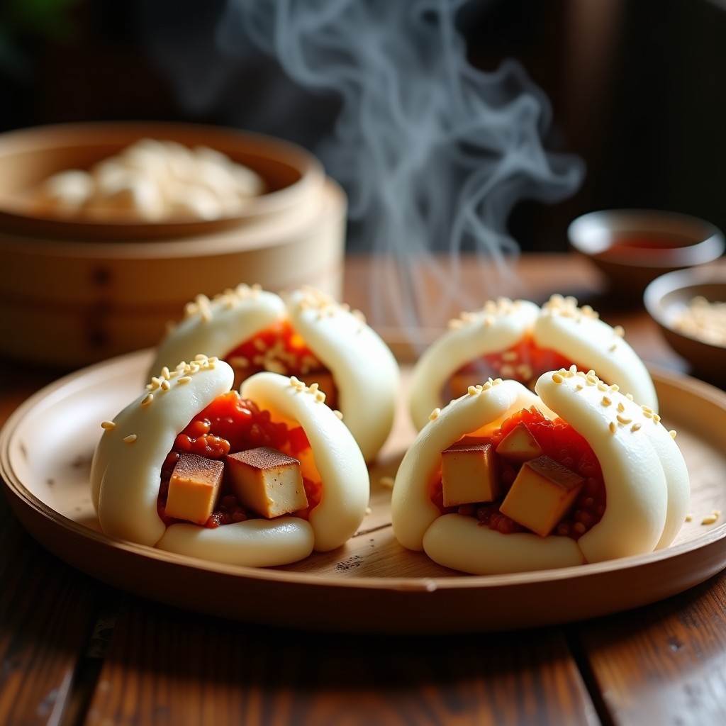 Bao veganos al vapor rellenos de tofu ahumado y kimchi, con semillas de sésamo tostadas, servidos en un plato de bambú sobre fondo oscuro, receta asiática en olla exprés.
